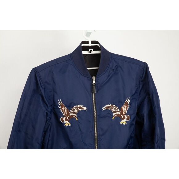 HUF Reversible Jacket Men Medium Black Blue Hawks Pockets Full Zip - Picture 2 of 16